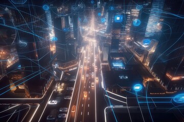 Cityscape with 5G, data, finance, and economy, ideal for traffic, communication, and business networks. Photo generative AI