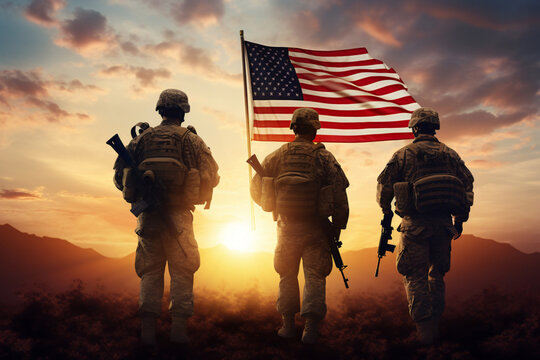 Soldiers on the background of the American flag 1