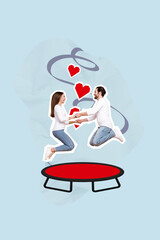 Banner postcard collage magazine of happy wife husband have fun free time jumping trampoline rejoicing isolated on blue drawing background
