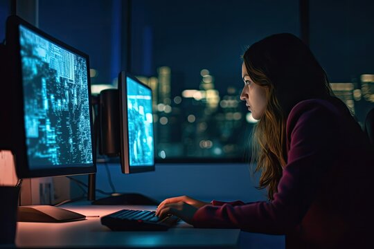 Female hacker coding at night, with matrix effect on computer monitor. Photo generative AI