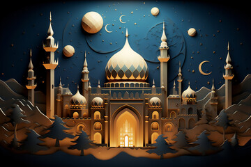 mosque at sunset illustration with paper cut style, create using generative AI