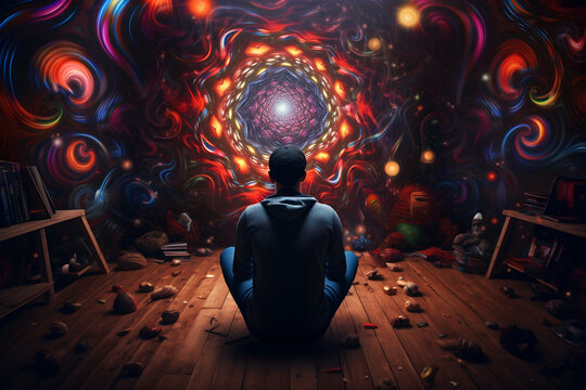 A person sitting in a dark room. The room is filled with swirling, colorful patterns The patterns are representing the person's thoughts, which are racing and chaotic.