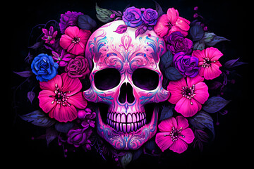 Skull with floral ornament on grunge background illustration. selective focus. 