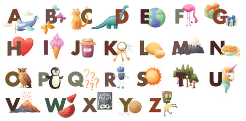 isolated alphabet letters, illustrated alphabet, childish cartoon style with animals, plants, objects for kids education and educational materials, abc set