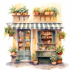 watercolor illustration of a tea stall and window boxes