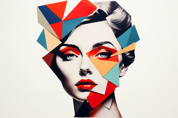 Beauty, fine art, fashion concept. Abstract modern art collage of woman portrait made of various and colorful geometric shapes. Generative AI