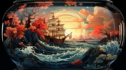 Drawing an old sailboat on the waves in a bottle Generative AI