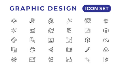 Set of thin line icons of graphic design. Simple linear icons in a modern style flat, Creative Process. Graphic design, creative package, stationary, software and more