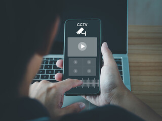 CCTV on smartphones. Users who are watching safety from outside the home. through modern surveillance cameras For the security of living on a virtual window