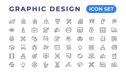 Set of thin line icons of graphic design. Simple linear icons in a modern style flat, Creative Process. Graphic design, creative package, stationary, software and more