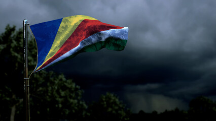 Seychelles flag for anthem day on dark storm cumulus - abstract 3D rendering