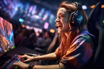 Female pro gamer enjoying her victory in a gaming contest against a male player. Generative AI