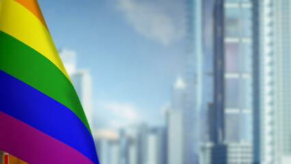 flag of Gay Pride on modern city buildings bokeh bg for independence day - abstract 3D rendering