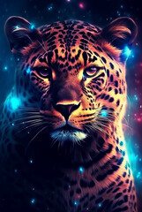 close-up of leopard face with neon light glowing background fantasy artwork, generative ai