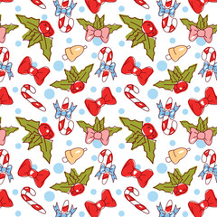 seamless patern in line art style in color, on the theme of christmas and new year, candy elements, bell, plants. Patern on a white background. For wrapping paper, dough