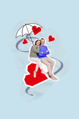 Poster postcard collage artwork of enamored enchanted people enjoy romantic anniversary together isolated on drawing blue background