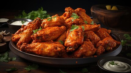 Buffalo wings with melted hot sauce on a wooden table with a blurred background