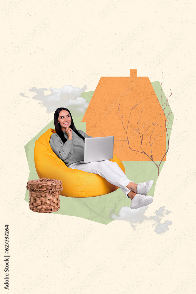 Aufkleber vertical collage image of minded positive girl sit beanbag use netbook contemplate house building si