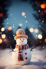 Snowman on snow in winter night scenery with city lights