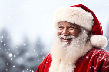 Smiling Afro American Santa Claus in winter Christmas scenery with snow falling