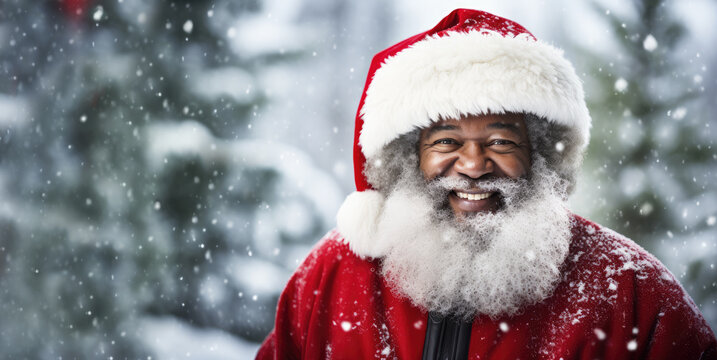 Smiling Afro American Santa Claus in winter Christmas scenery with snow falling