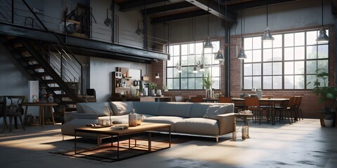 Fototapeta premium Empty loft apartment, industrial style, 3d render