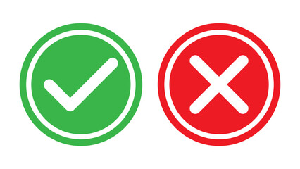 Tick and cross signs. green check mark and red cross icon, isolated on white background.