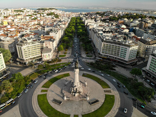 Marquis of Pombal square in Lisboa. Aerial drone view. Flying over. View from top down.