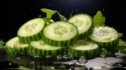 fresh green cucumber splashed with water on black and blurred background