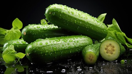 fresh green cucumber splashed with water on black and blurred background