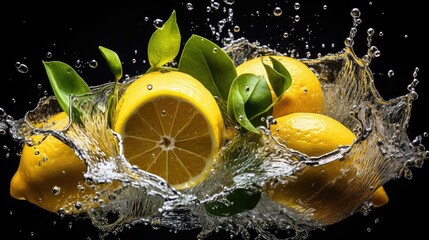 Fototapeta na wymiar fresh yellow lemon splashed with water on black and blurred background