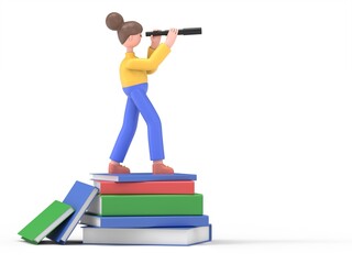 3D illustration of Asian woman Angela with binoculars standing on book pile. Future and vision concept.3D rendering on white background.
