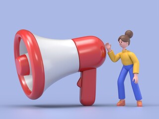 3D illustration of Asian woman Angela announcing using a megaphone, cartoon illustration. Black outlined and white colored.3D rendering on white background.
