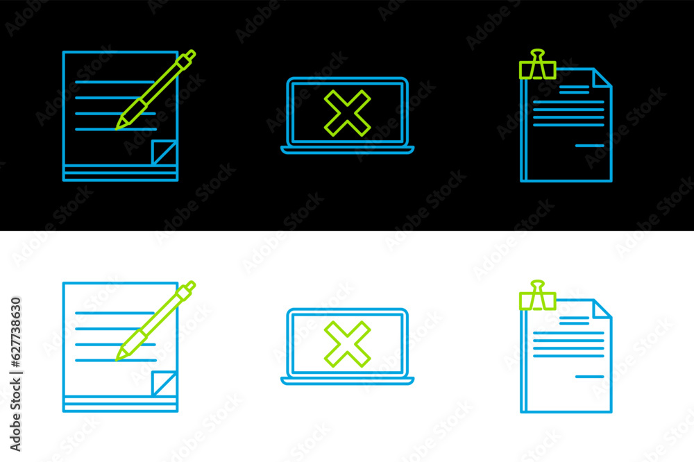 Aufkleber set line file document and binder clip, blank notebook pen and laptop cross mark on screen icon. vec
