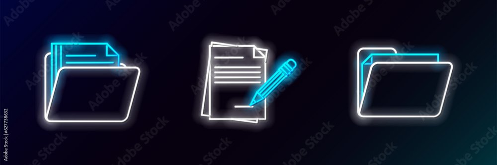 Poster set line document folder, and blank notebook and pencil with eraser icon. glowing neon. vector