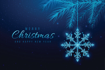 Wireframe snowflake and Christmas tree branches, low poly style. New Year banner. Abstract modern vector illustration on blue background