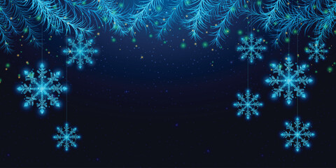 Fototapeta na wymiar Wireframe snowflakes and Christmas tree branches, low poly style. New Year banner. Abstract modern vector illustration on blue background