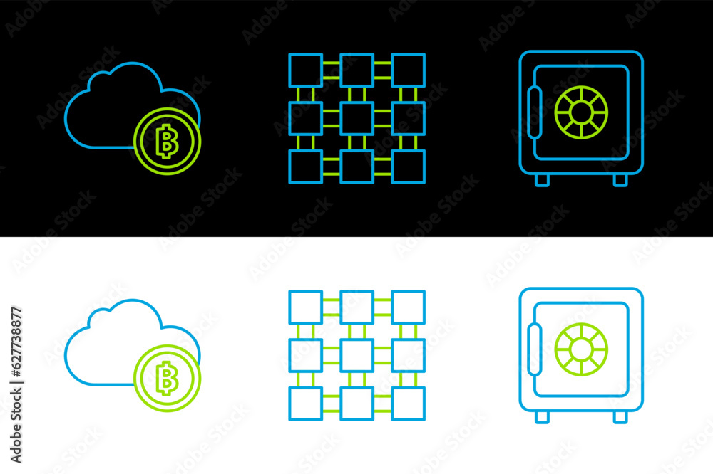 Poster set line safe, cryptocurrency cloud mining and blockchain technology icon. vector