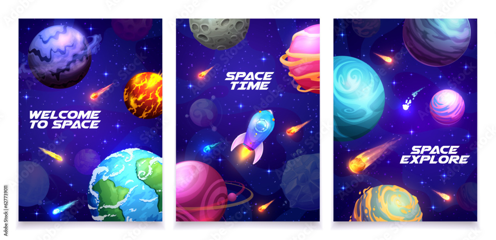 Poster cartoon space poster with galaxy spaceship, planets and stars, vector background. space exploration 