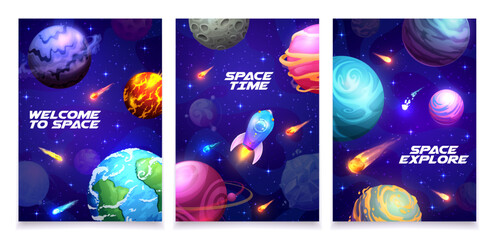 Fototapeta na wymiar Cartoon space poster with galaxy spaceship, planets and stars, vector background. Space exploration rocket shuttle or spaceship in spaceflight to galaxy universe and alien planets in fantasy cosmos