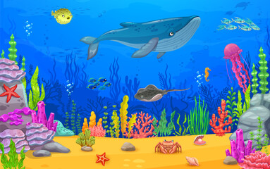Fototapeta na wymiar Cartoon underwater landscape, game scene level with sea whale and fish shoals, vector background. Starfish, jellyfish and seaweeds in ocean underwater and undersea world or coral reef landscape