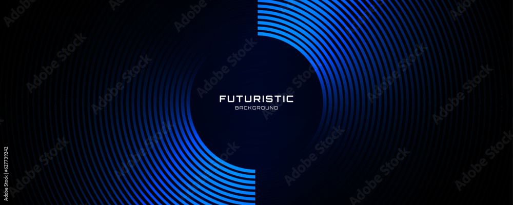Poster 3d blue techno abstract background overlap layer on dark space with circle stripes shape decoration.
