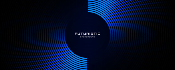 3D blue techno abstract background overlap layer on dark space with circle stripes shape decoration. Modern graphic design element future style concept for banner, flyer, card, or brochure cover