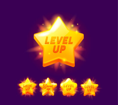 Game level up reward, star rate icon or award badge, vector gold prize UI asset. Level up award or bonus rank star and medal trophy reward with golden shine, arcade video game next level bonus