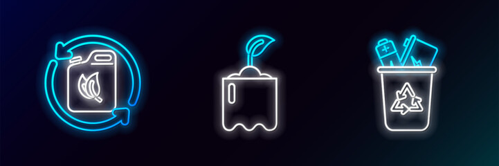 Set line Recycle bin with recycle symbol, Bio fuel canister and Sprout bottle icon. Glowing neon. Vector
