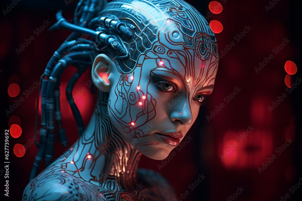 Aufkleber a hyperrealistic portrait of a female robot with neon-lit circuit patterns intricately etched into h