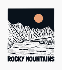 Rocky mountain outdoor vintage hand drawing vector illustration or badge, sticker, patch, t shirt design, etc