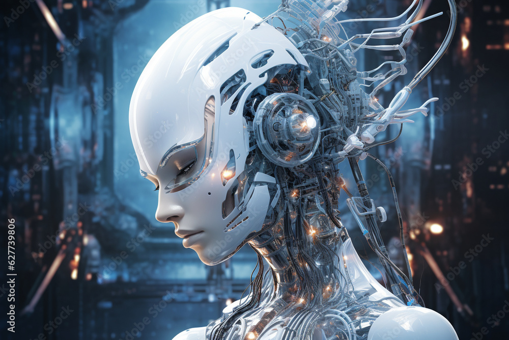 Poster an enchanting image of a robot with cybernetic enhancements, including augmented reality visors and 