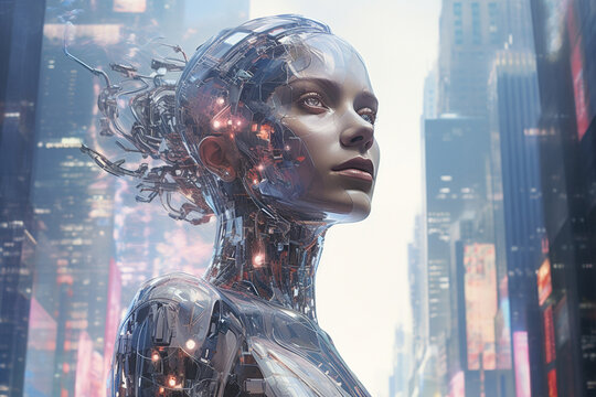 A mesmerizing portrayal of a female robot with holographic projections of cityscapes and landscapes emanating from her cybernetic brain Generative AI