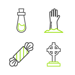 Set line Tombstone with cross, Candy, Zombie hand and Bottle potion icon. Vector